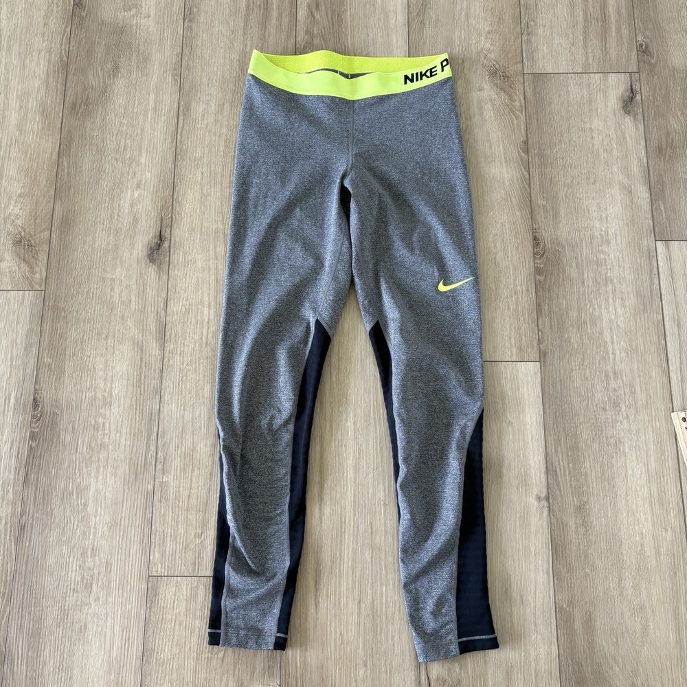 Nike Pro Dri-fit Women's Running‎ Tights Gray Volt Yellow Size Medium M